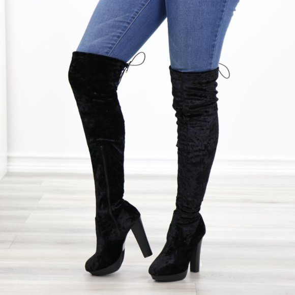 Black Velvet Thigh High Heel Boots Back Tie - Picture 14 of 15